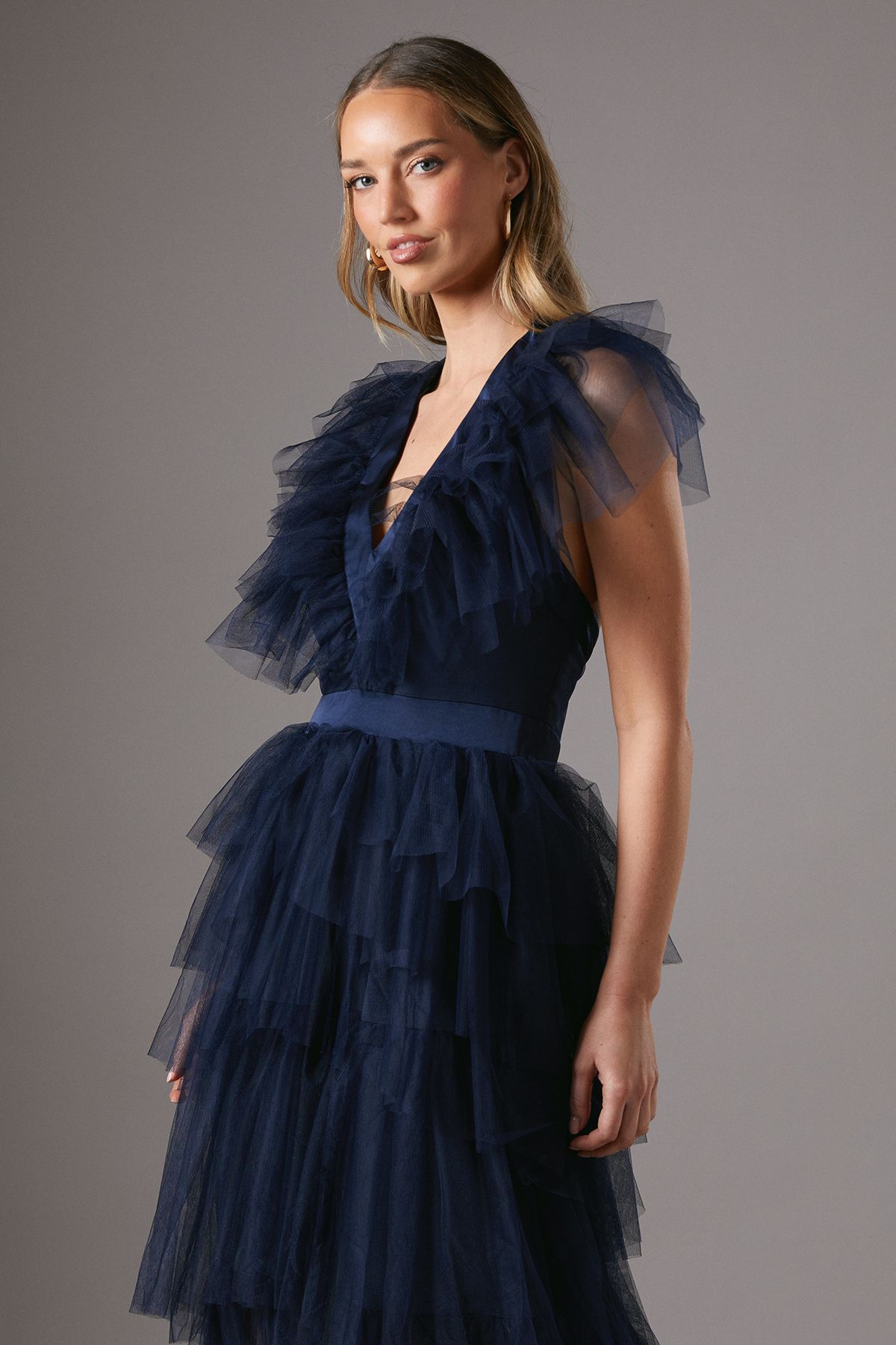 Coast Mesh Halter Tiered Skirt Maxi Dress Brown image 2