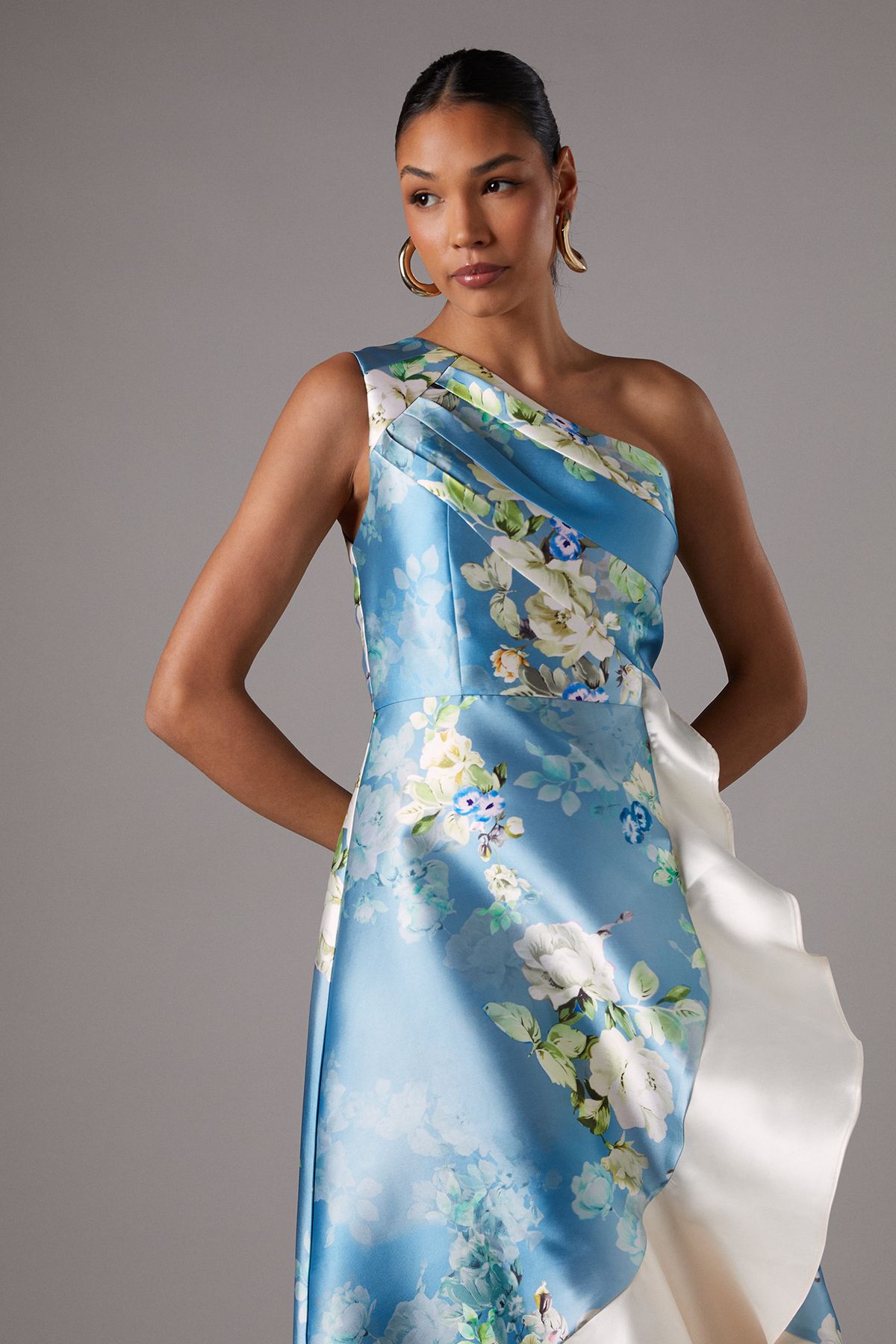 Coast One Shoulder Seam Detail Ruffle Midi Dress Light Blue image 2