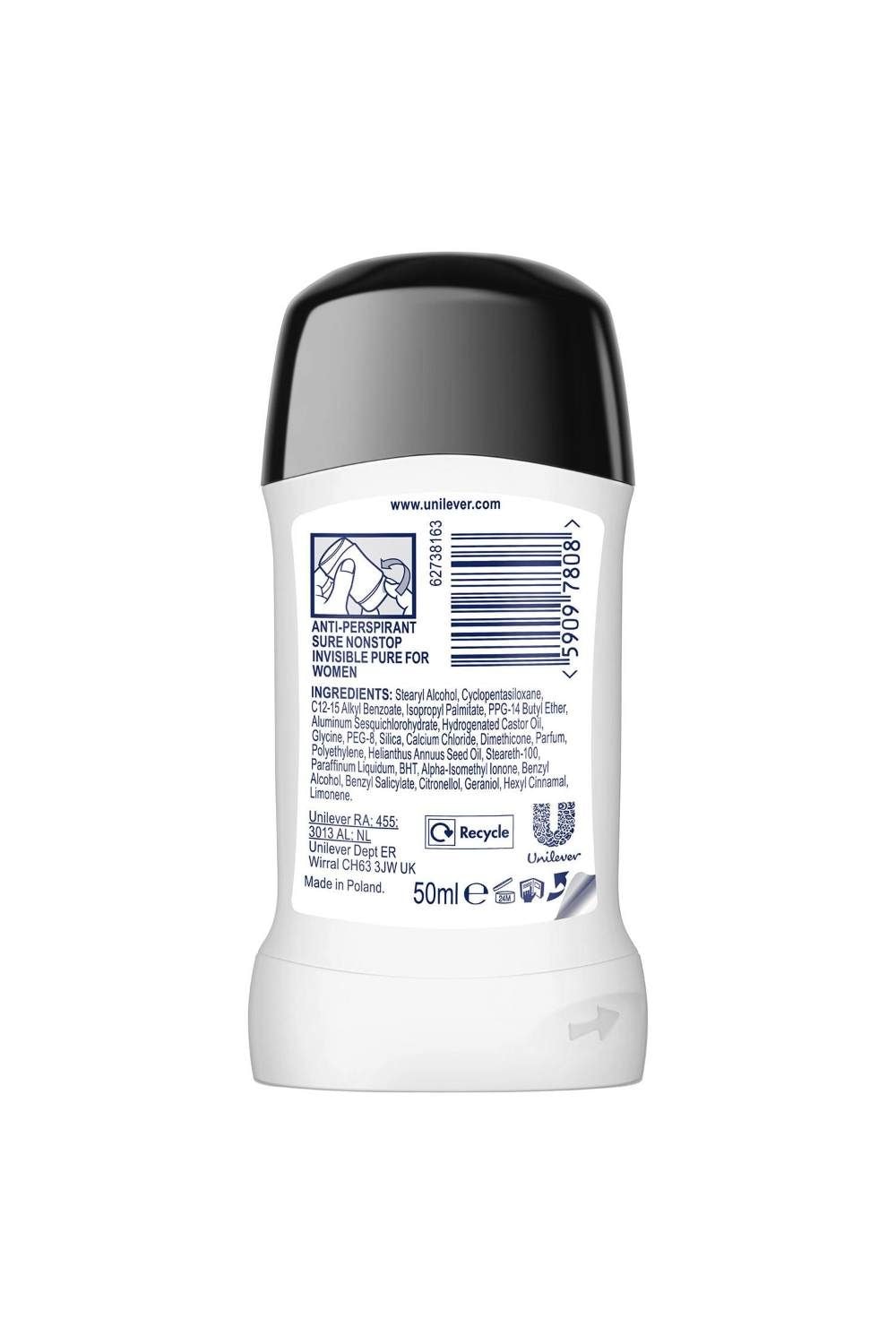 Sure Invisible Pure 'Antiperspirant' Stick 72H Protection, 6x50ml image 3