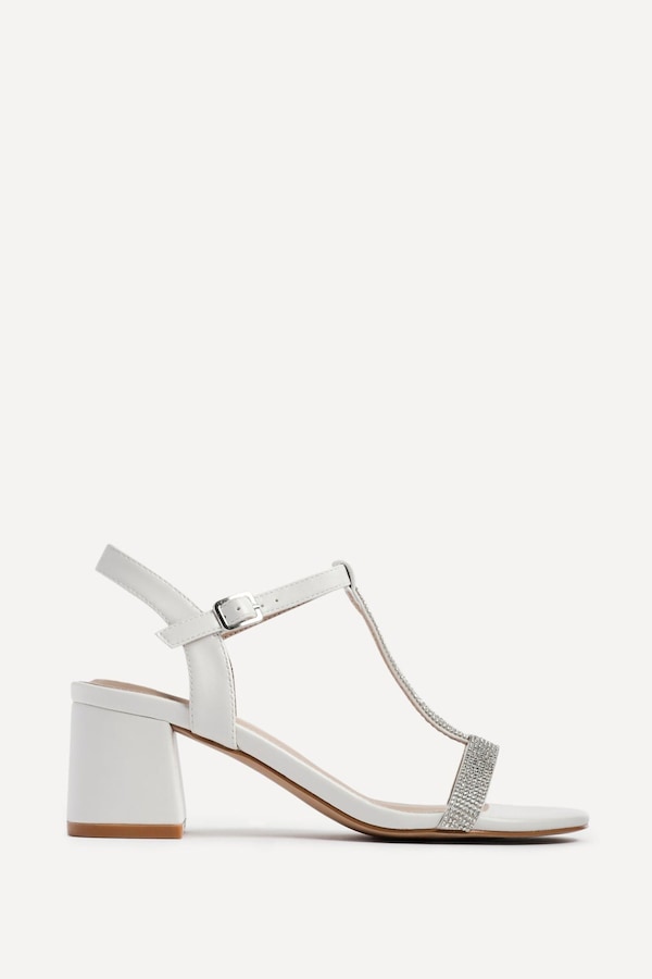 Linzi Amaya White Faux Leather T-Bar Diamante Block Heeled Sandal