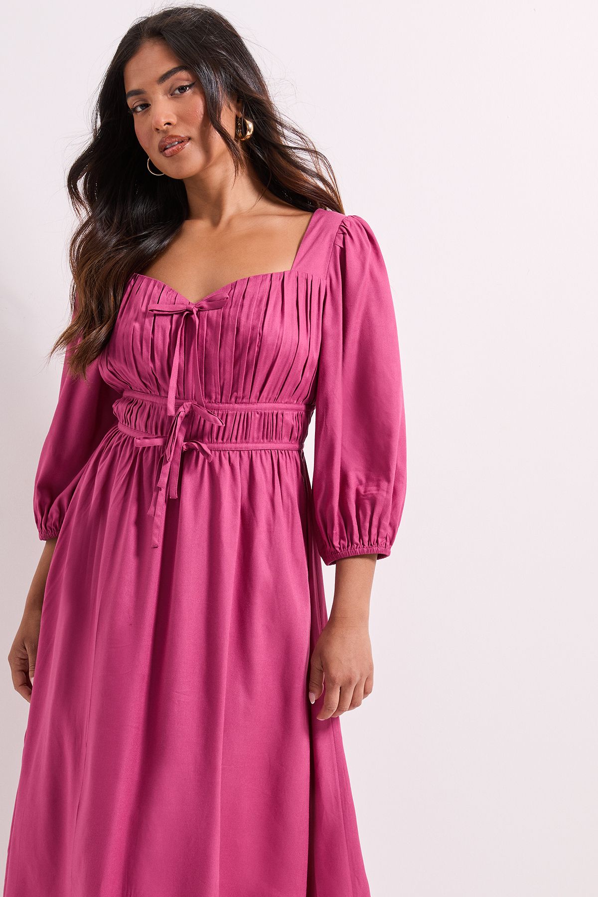 Dorothy Perkins Petite Shirred Bodice Tie Detail Sweetheart Midi Dress Rose image 2