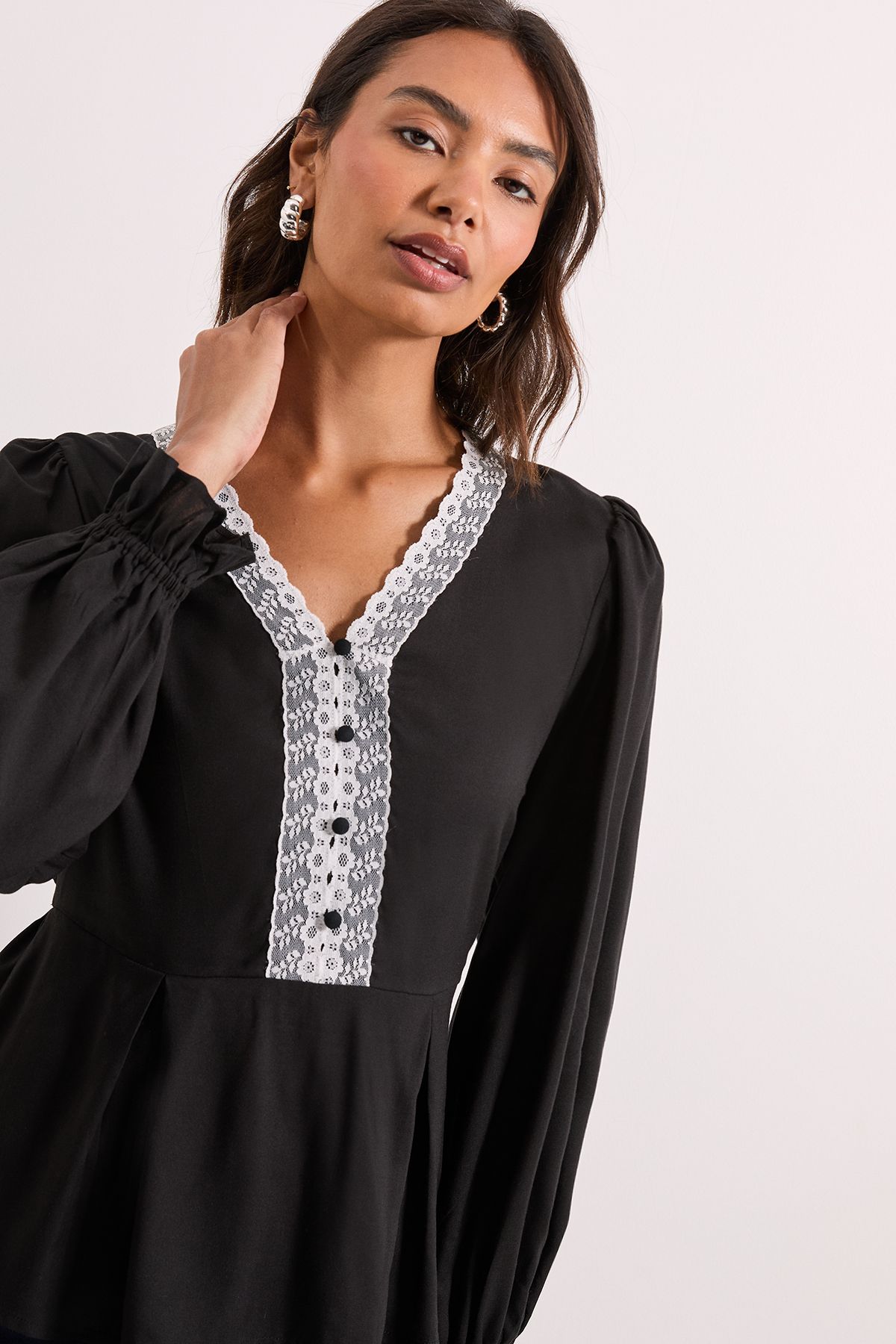 Dorothy Perkins Lace Trim Blouson Sleeve Peplum Top Black image 4