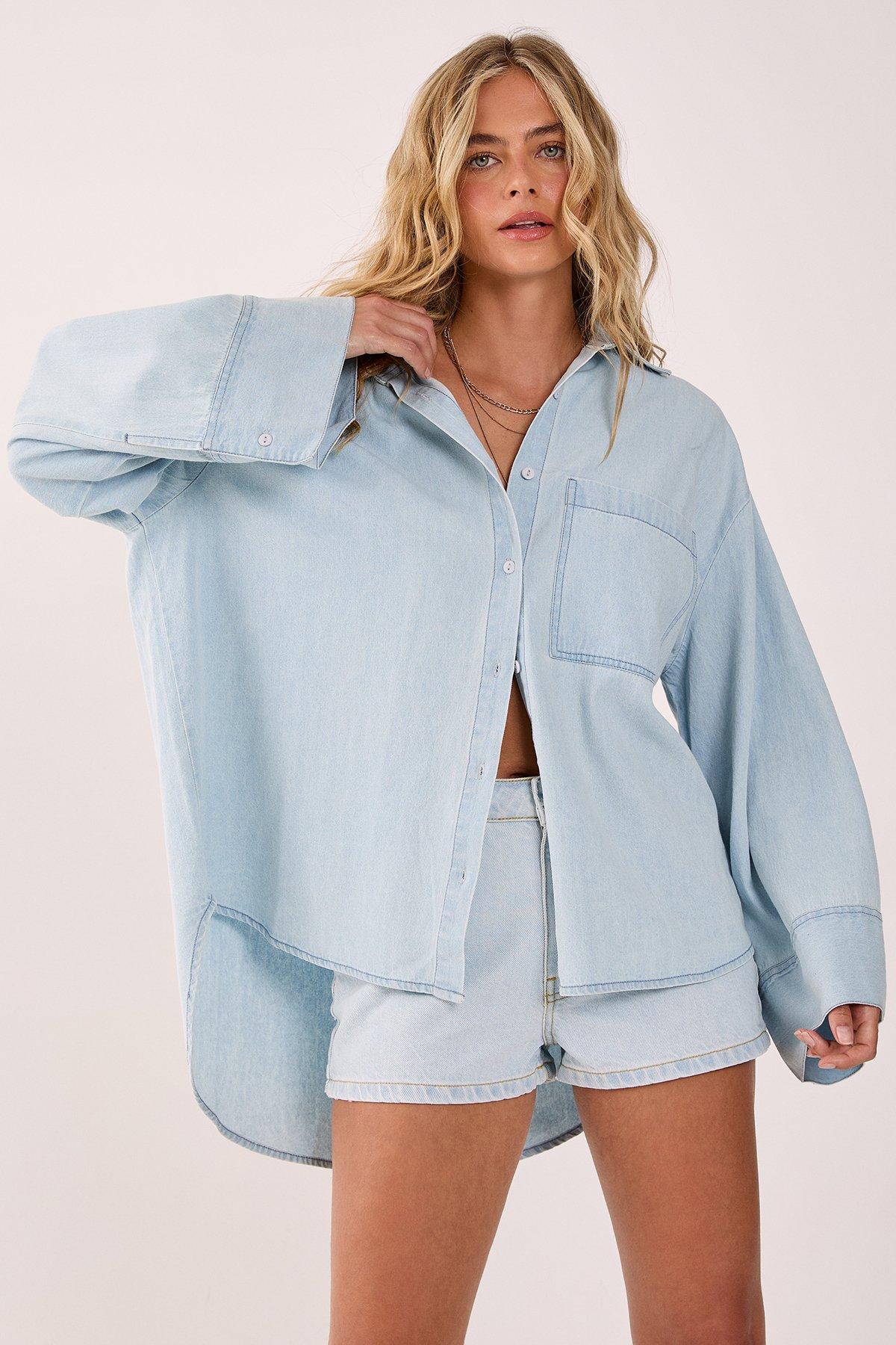NastyGal Chambray Oversized Shirt Light Wash