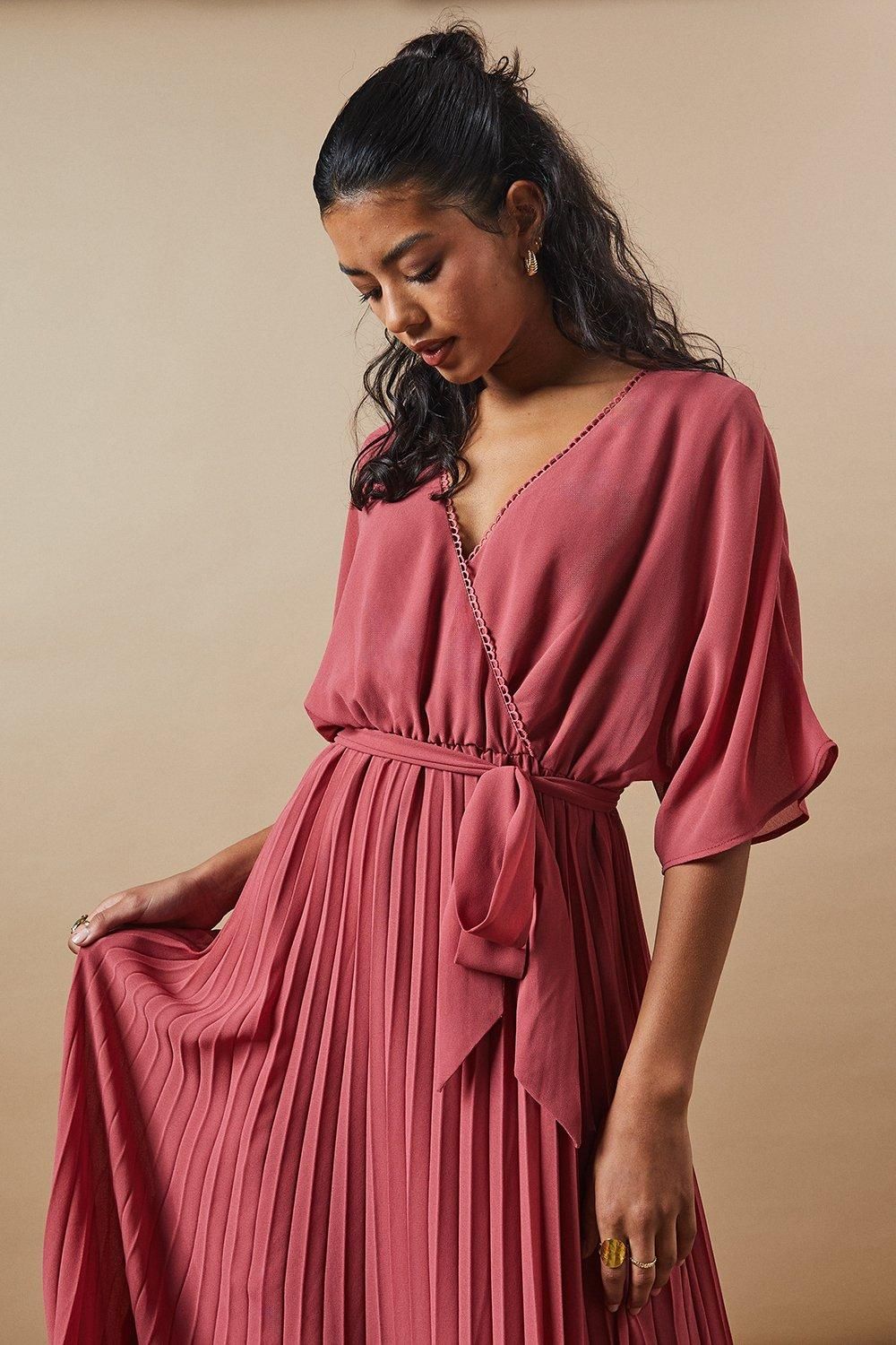 Oasis Petite Occasion Kimono Sleeve Pleated Midi Dress Rose image 4