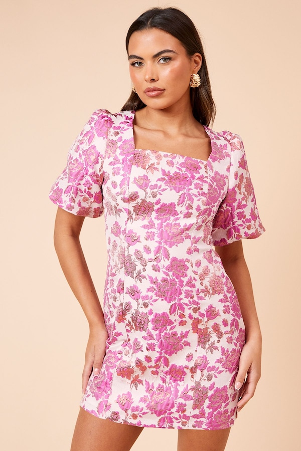 Dorothy Perkins DP Luxe Pink Floral Jacquard Square Neck Mini Dress Floral