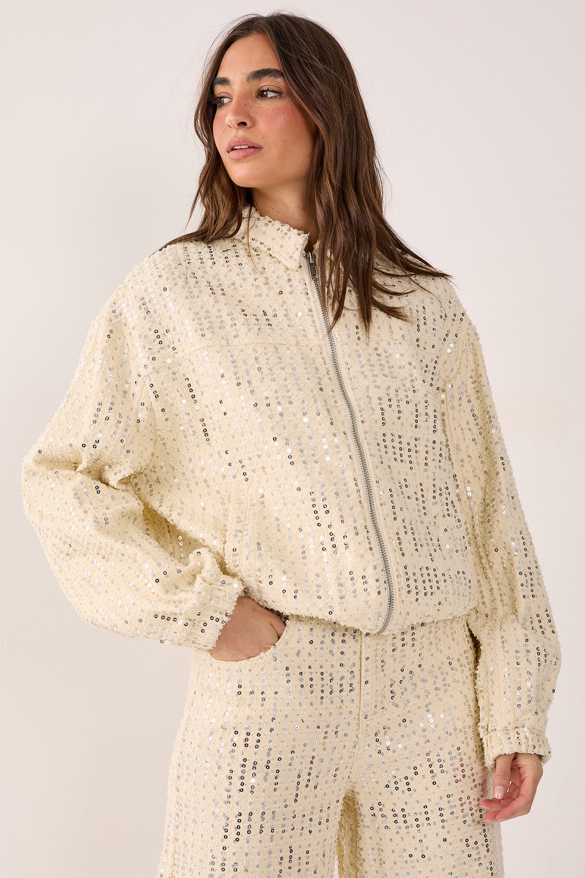 NastyGal Denim Sequin Bomber Jacket Ecru image 1