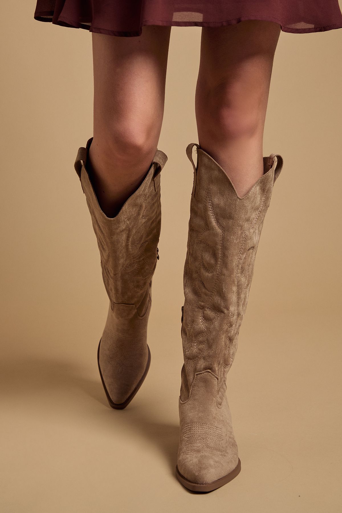 Oasis Jess Faux Suede Embroidered Western Knee Boots Taupe image 2