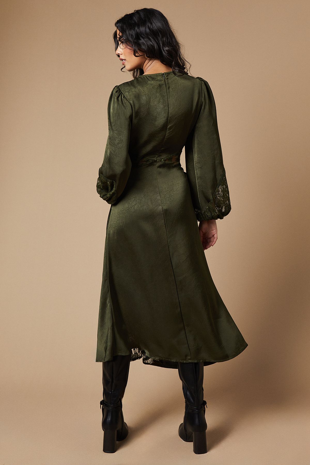 Oasis Petite Lace Insert Satin Midi Dress Khaki image 3