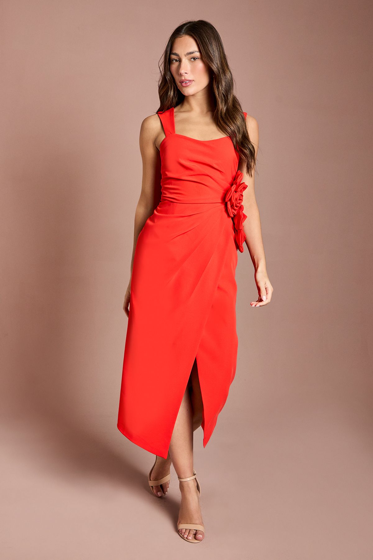 Coast Corsage Pleated Pencil Dress Flame Red