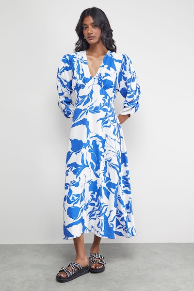 Warehouse Petite Viscose Floral V Neck Puff Sleeve Midi Dress Blue