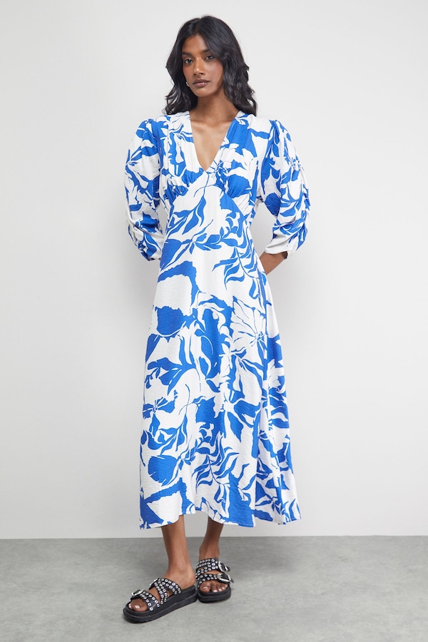 Warehouse Petite Viscose Floral V Neck Puff Sleeve Midi Dress Blue
