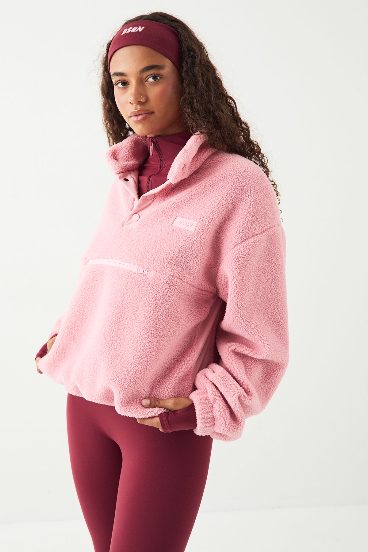 DSGN Studio DSGN Studio Sport Borg Popper Funnel Neck Sweatshirt Pink image 3