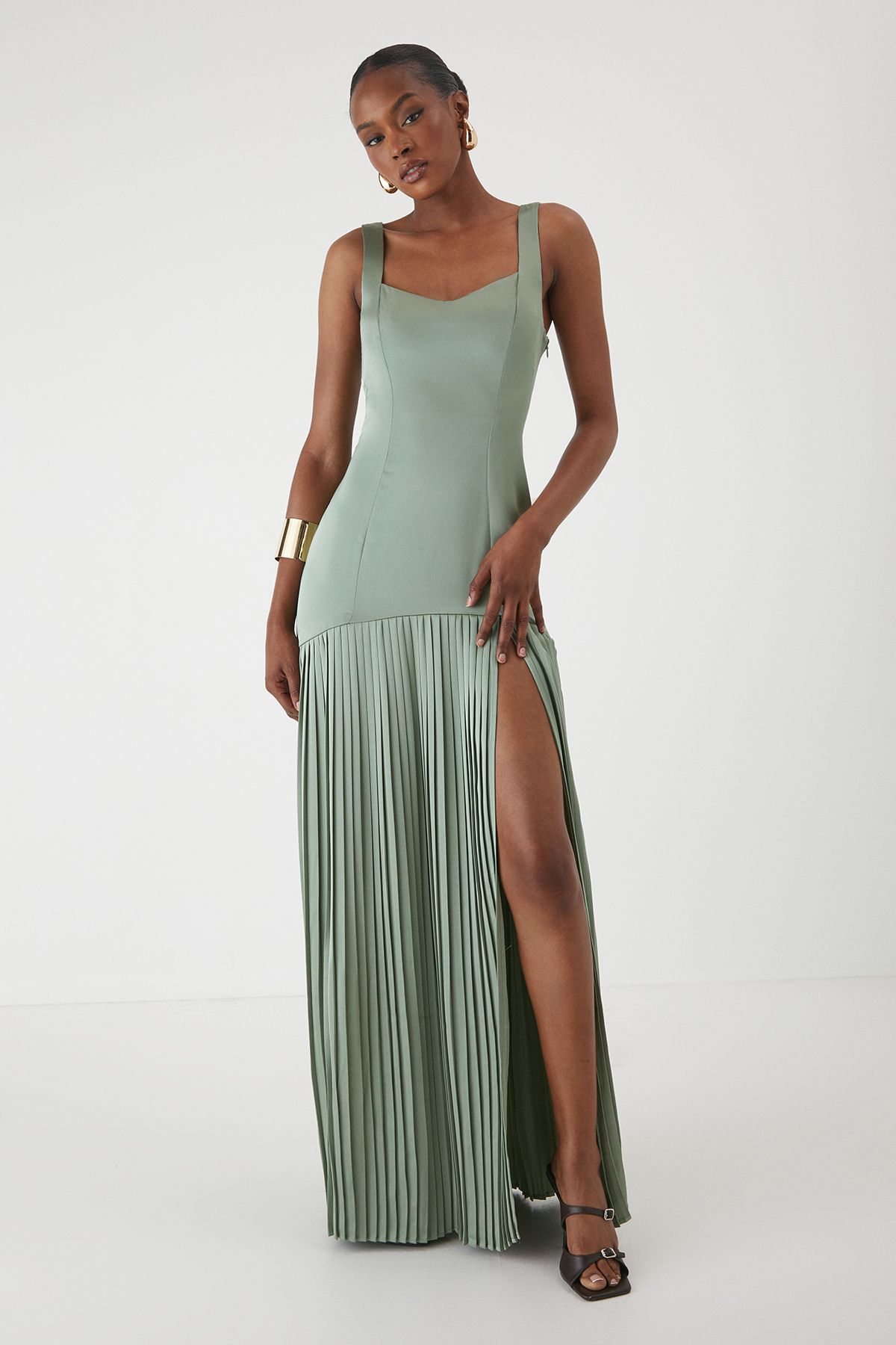 MissPap Premium Satin Square Pleated Skirt Bridesmaid Dress Sage