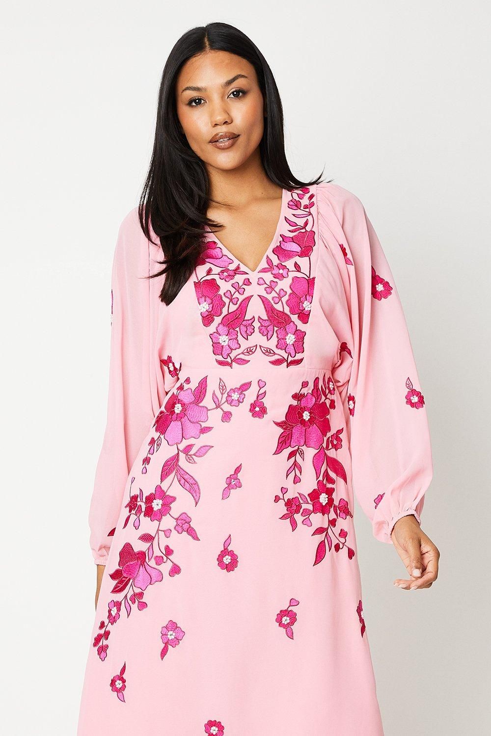 Coast Embroidered Long Sleeve Midi Dress Pink image 2
