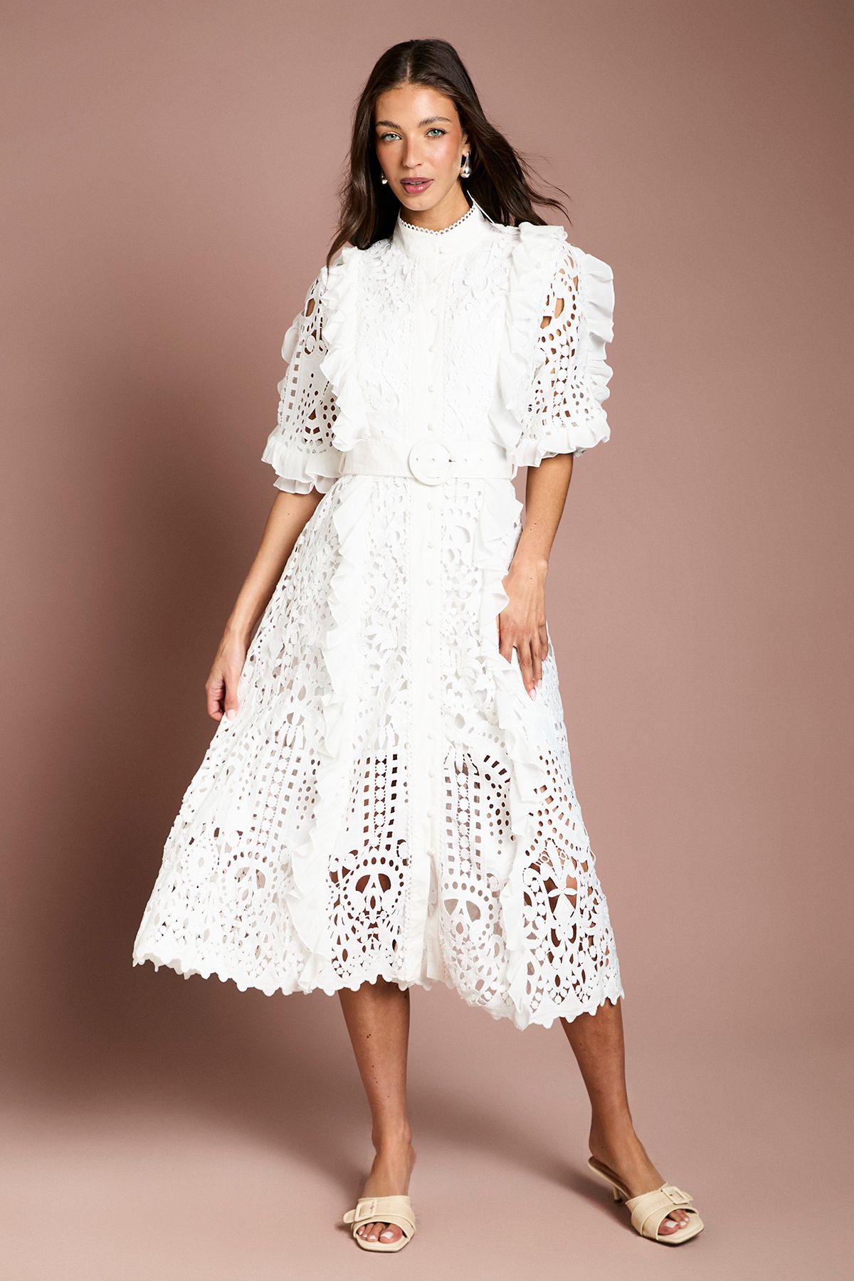 Coast Lace Ruffle Shirt Dress With Tie White