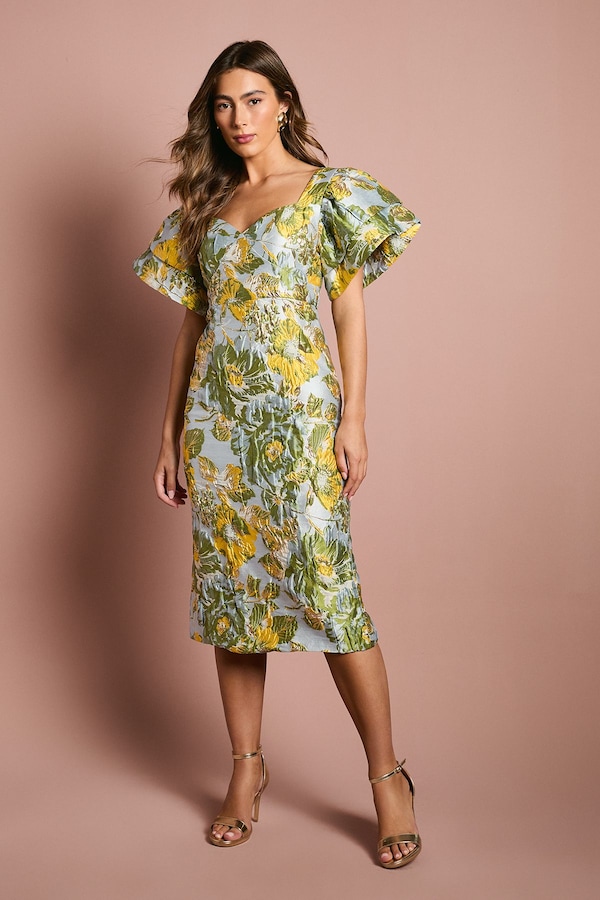 Coast Metallic Jacquard Volume Sleeve Midi Dress Blue