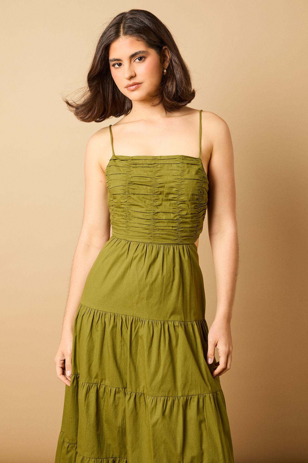 Oasis Gathered Bodice Tie Back Maxi Dress Olive image 2