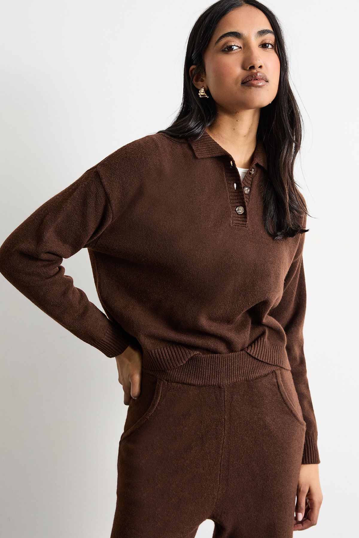 Warehouse Knitted Button Up Collar Detail Jumper Chocolate image 1