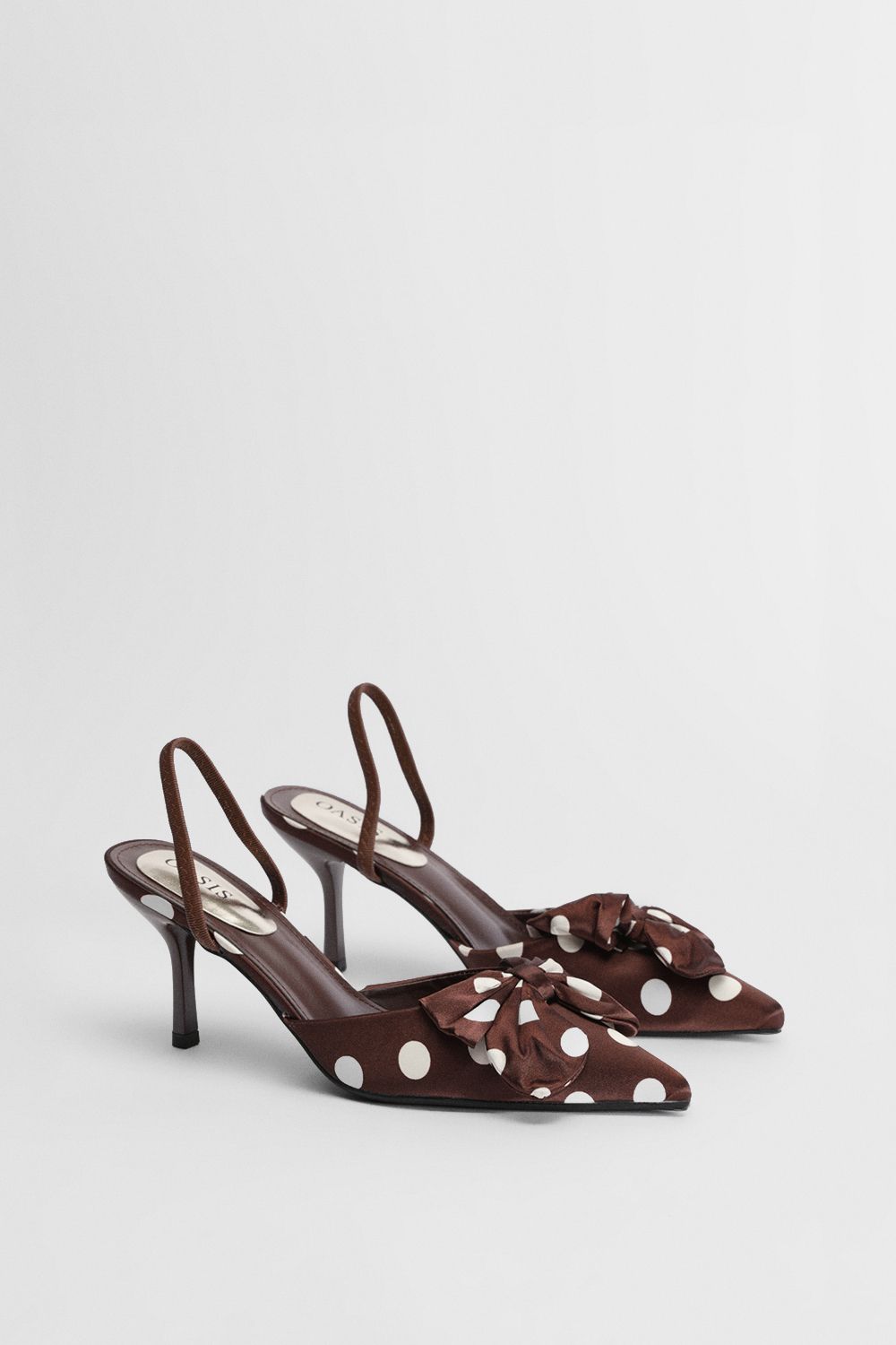 Oasis Chantel Satin Slingback Polka Dot Bow Detail Court Heels Chocolate