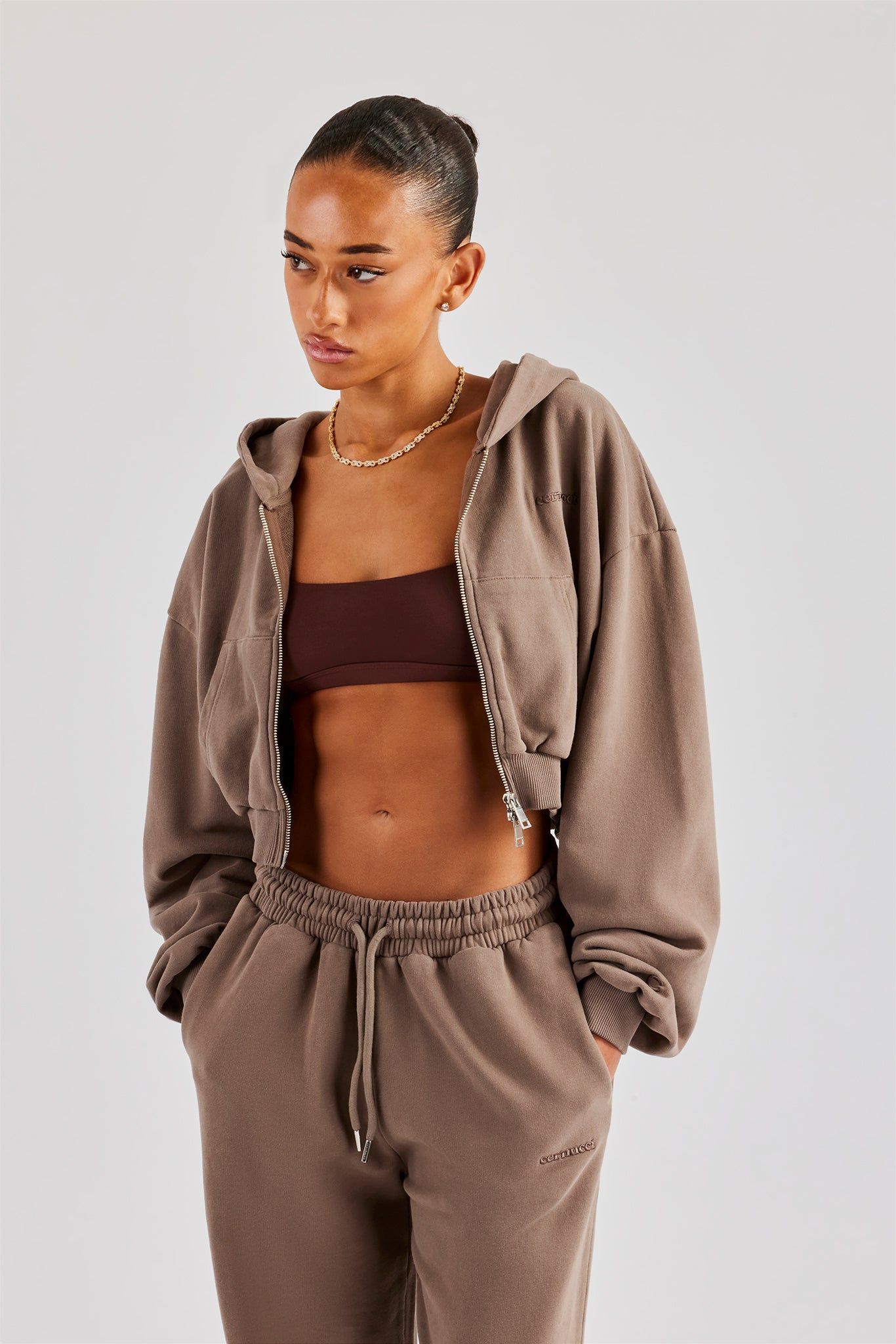 Cernucci C Cropped Zip Through Hoodie - Taupe image 2