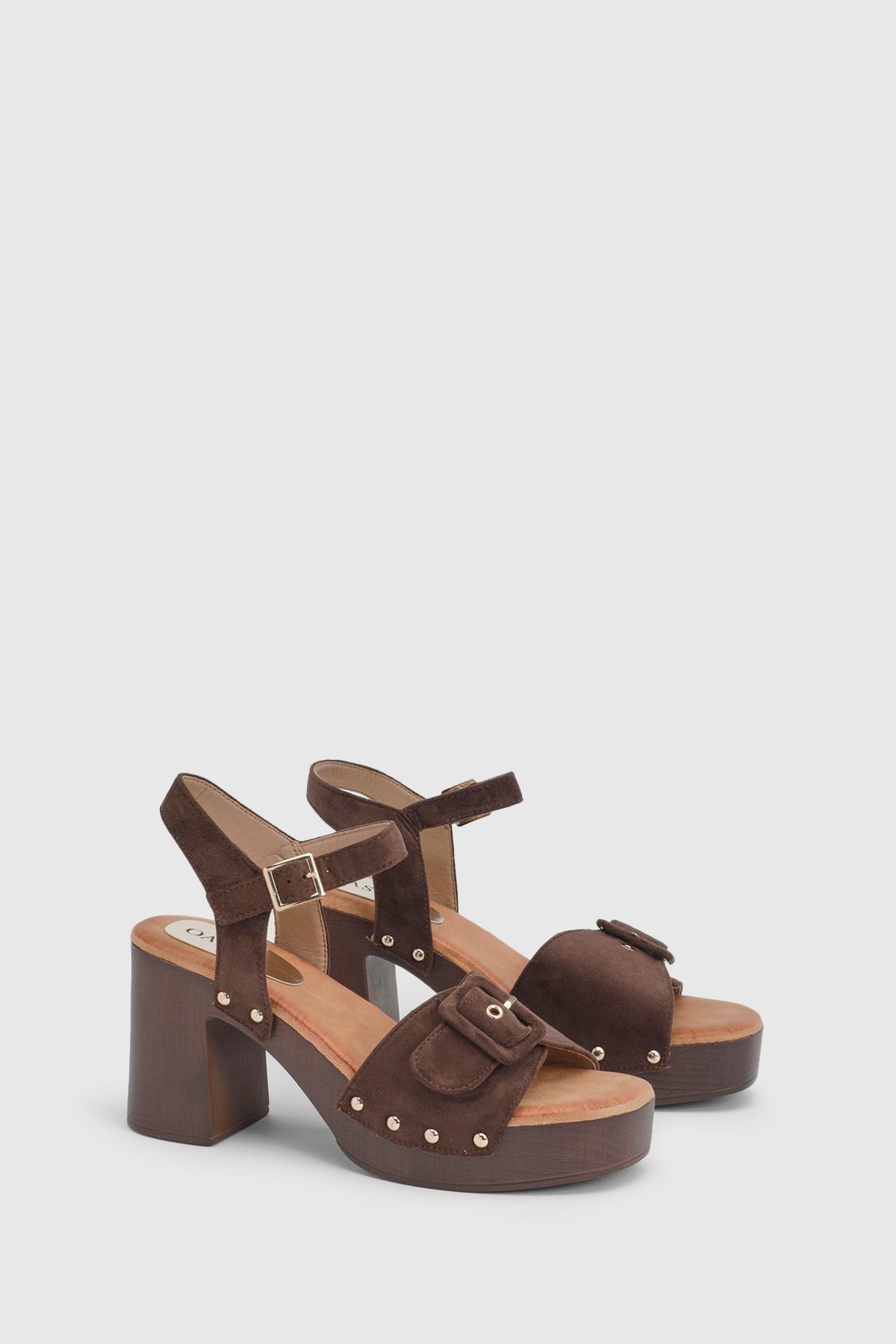 Oasis Regina Faux Suede Buckle Detail High Block Heel platform Sandals Brown