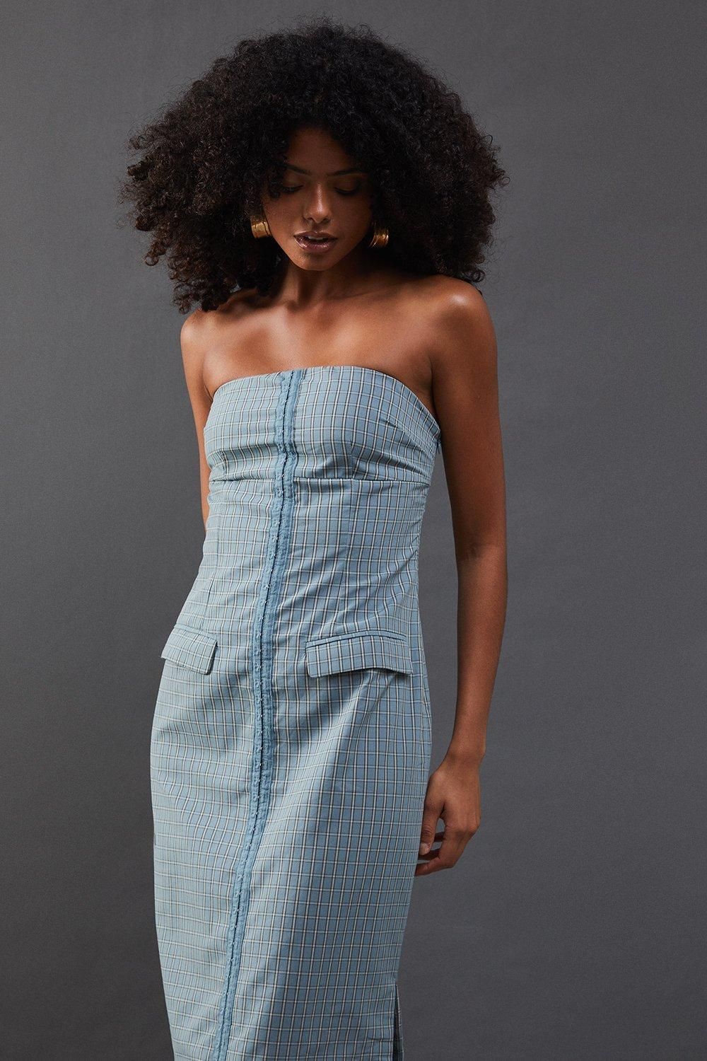Warehouse Check Hook & Eye Fitted Bandeau Midi Dress Blue image 2