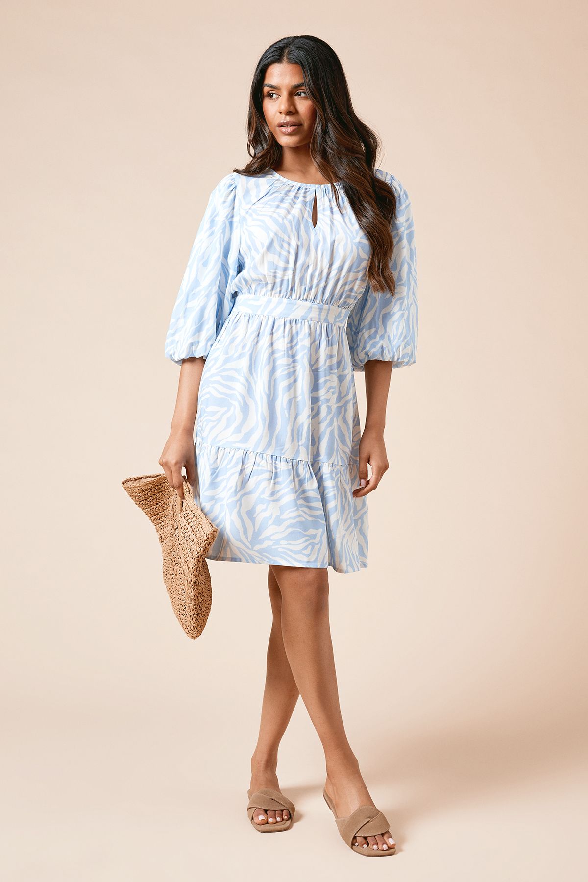 Dorothy Perkins Petite Zebra Keyhole Puff Sleeve Tiered Mini Dress Animal image 2