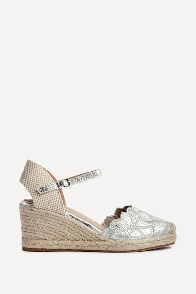 Linzi Florentina Silver Floral Embroidered Espadrille Platform Wedge