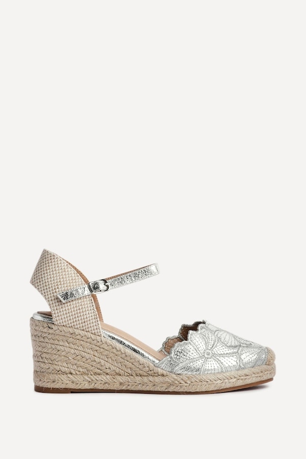 Linzi Florentina Silver Floral Embroidered Espadrille Platform Wedge