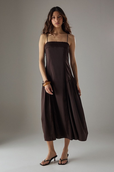 Warehouse Satin Lace Trim Detail Godet Strappy Midi Dress Chocolate