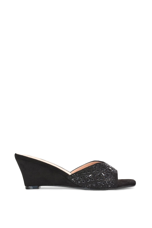 XY London 'Georgia' Wedge Heel Diamante Square Peep Toe Heeled Mule Sandals