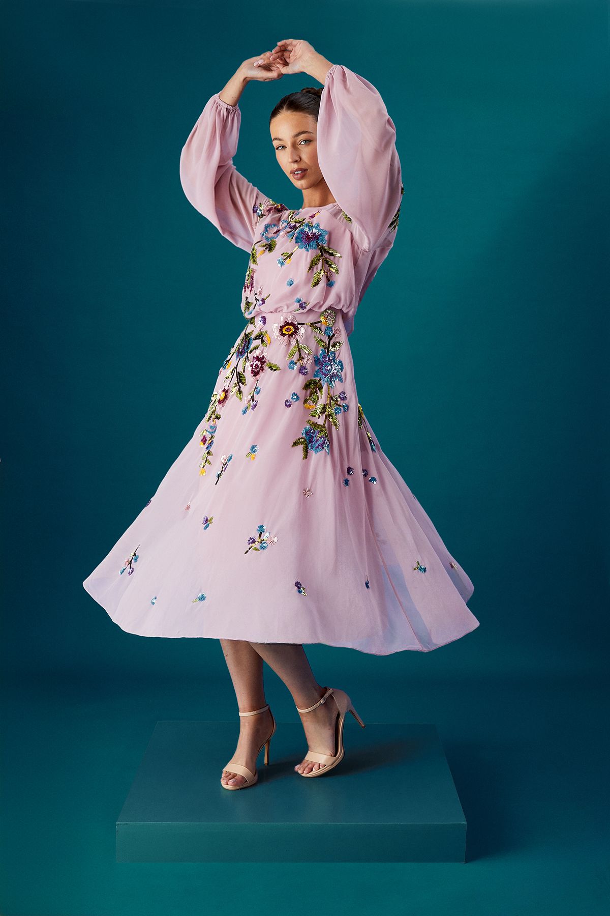 Coast Coast Muse Long Sleeve Embellished Sequin Midi Dress Rose image 1