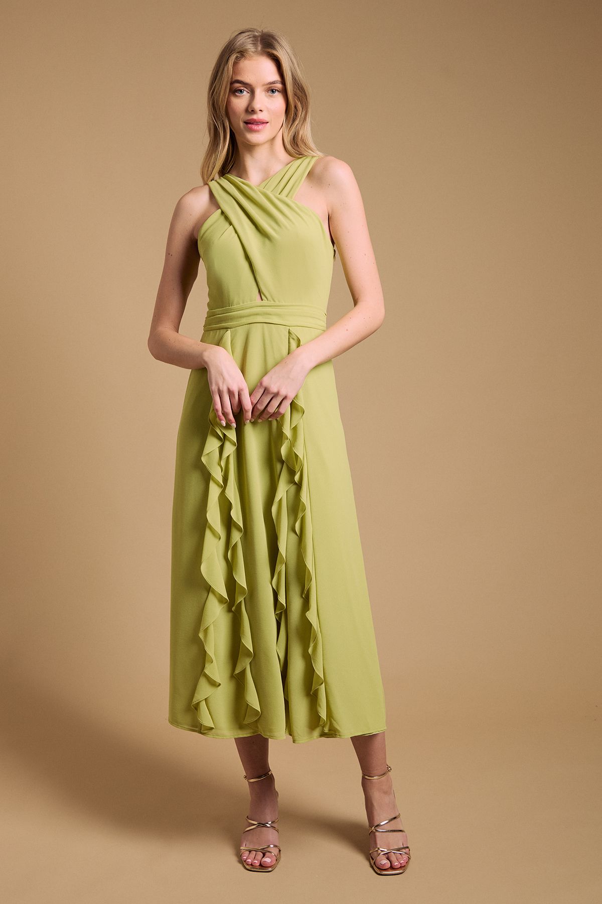 Oasis Halter Neck Ruffle Maxi Dress Chartreuse