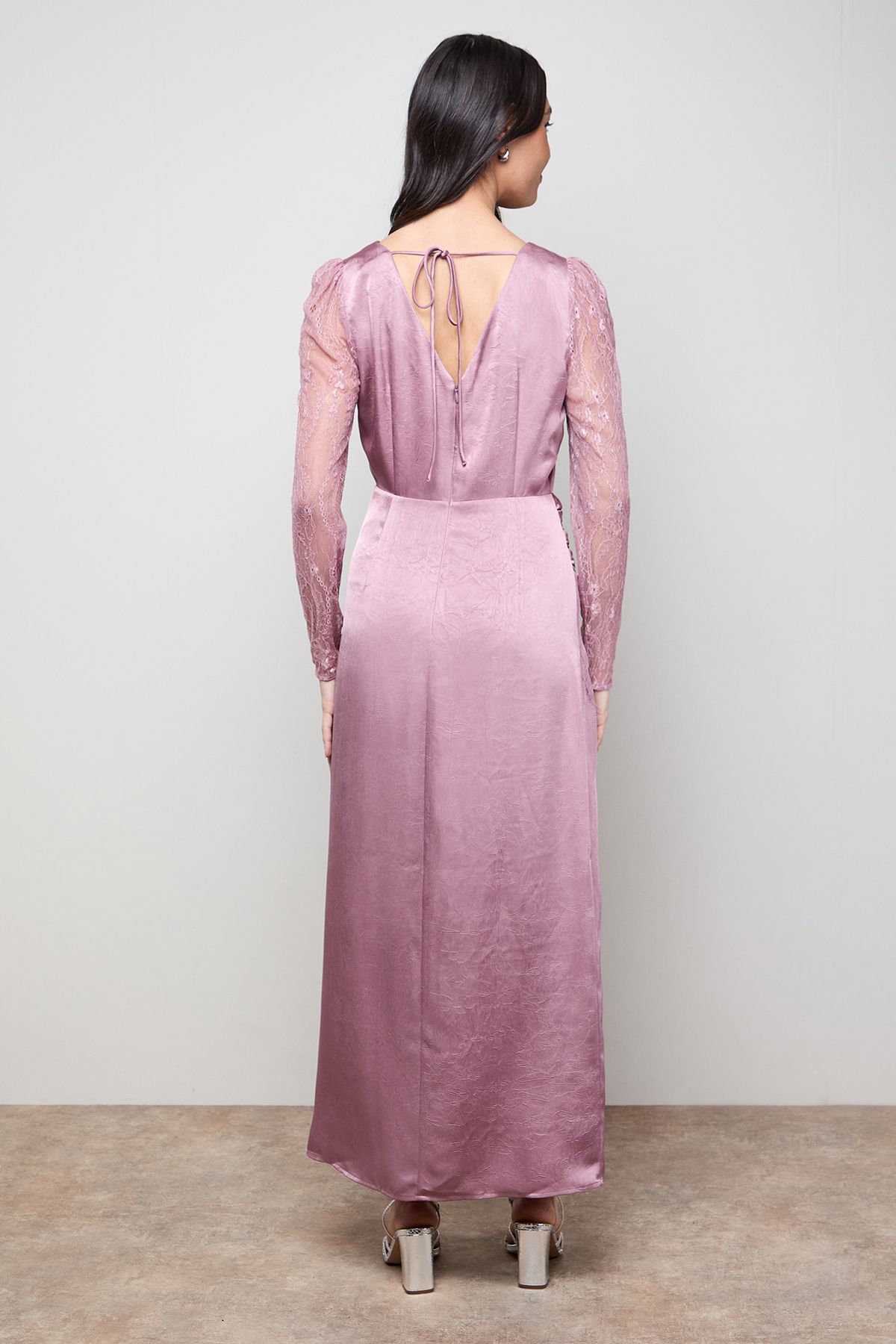 Oasis Lace Sleeve Split Front Satin Midaxi Dress Blush image 3