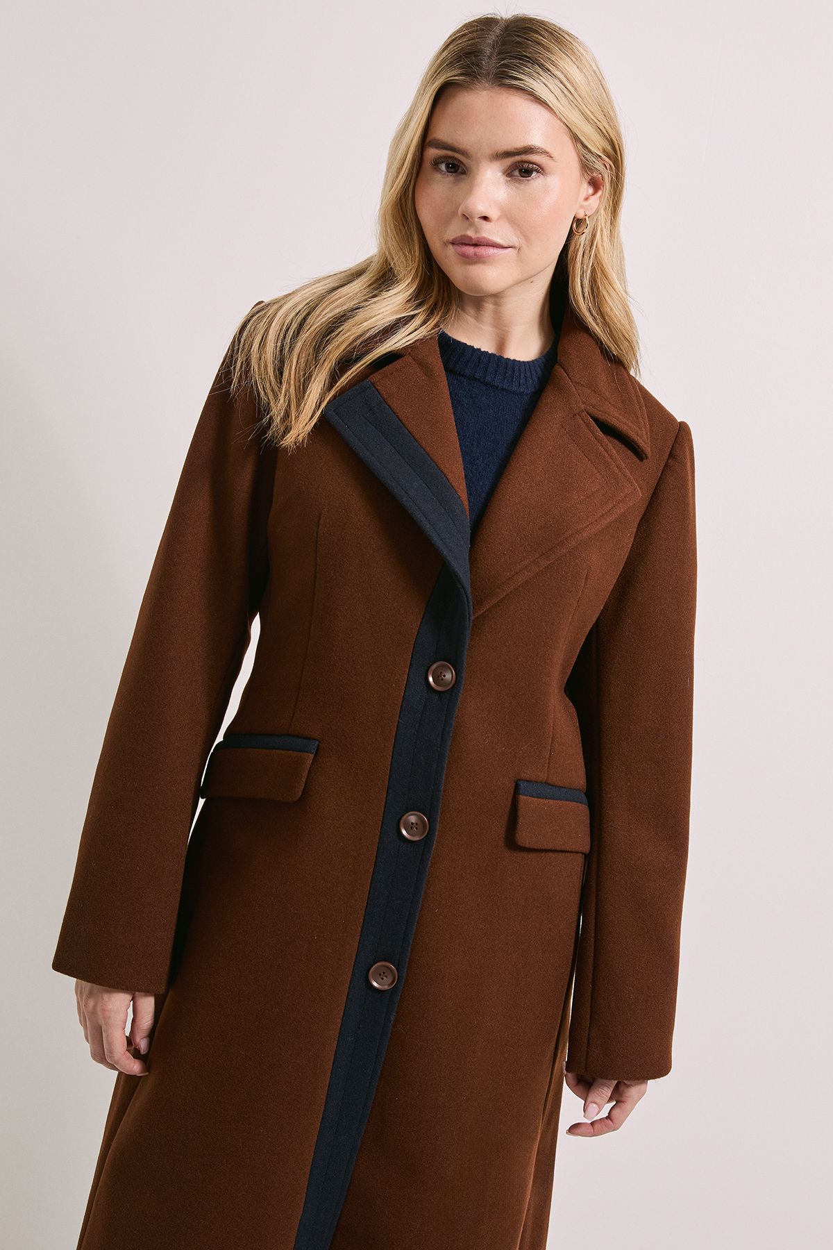 Dorothy Perkins Contrast Detail Single Breasted Midi Coat Chocolate image 2