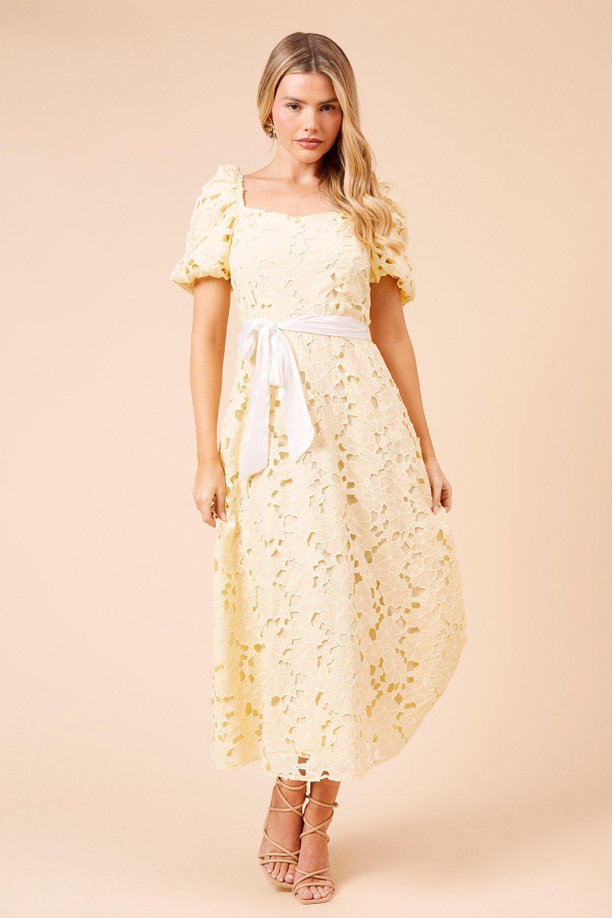 Dorothy Perkins Lemon DP Luxe Cut-Work Lace Contrast Belt Midi Dress |  PrettyLittleThing