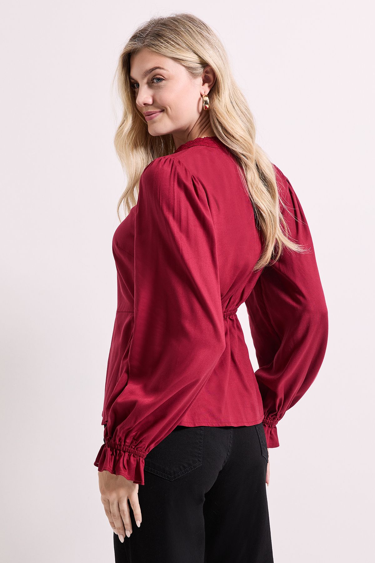 Dorothy Perkins Lace Trim Blouson Sleeve Peplum Top Burgundy image 4