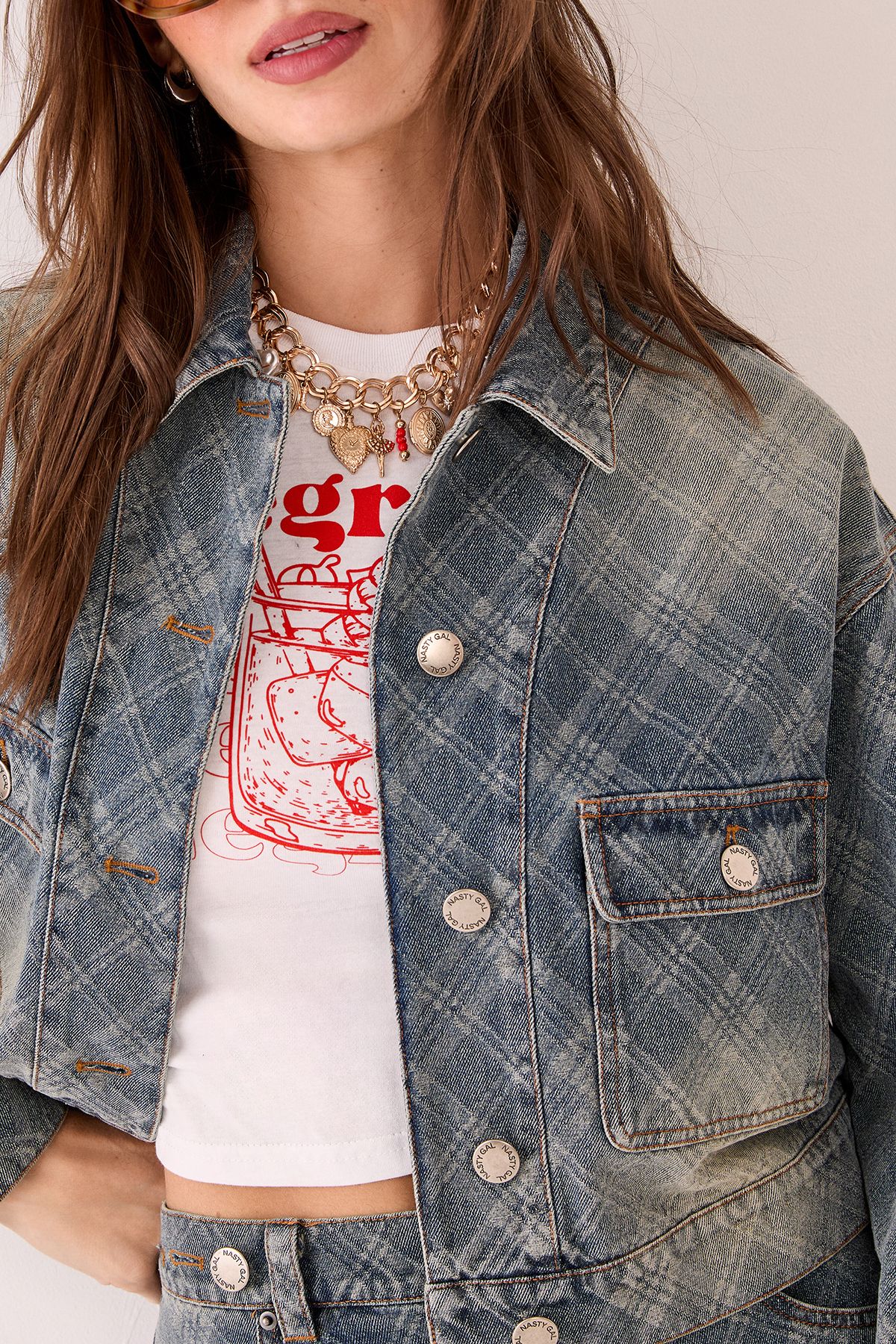 NastyGal Check Denim Distressed Jacket Authentic Midwash image 5