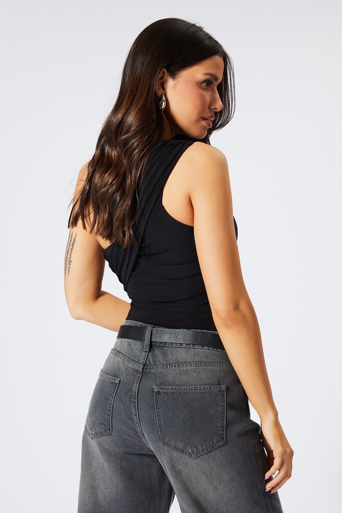 MissPap One Shoulder Fold Over Bodysuit Black image 4