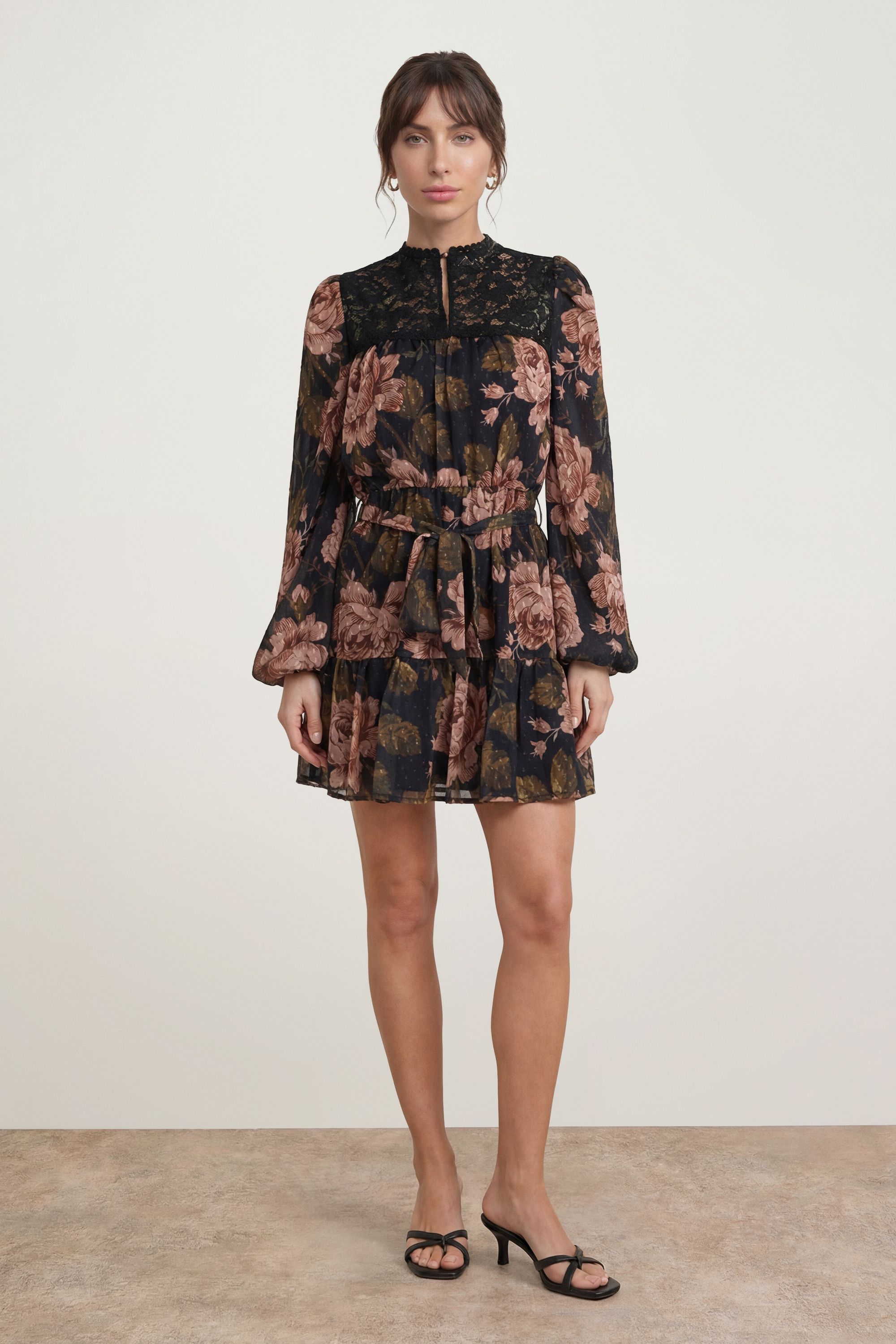 Oasis Petite Lace Front Belted Waist Long Sleeve Mini Dress Black