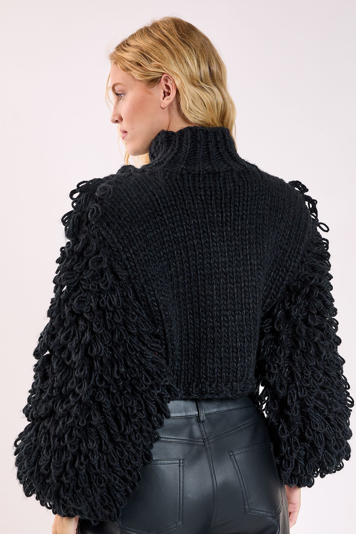 NastyGal Loopy Bobble Mix High Neck Cropped Jumper Black image 4