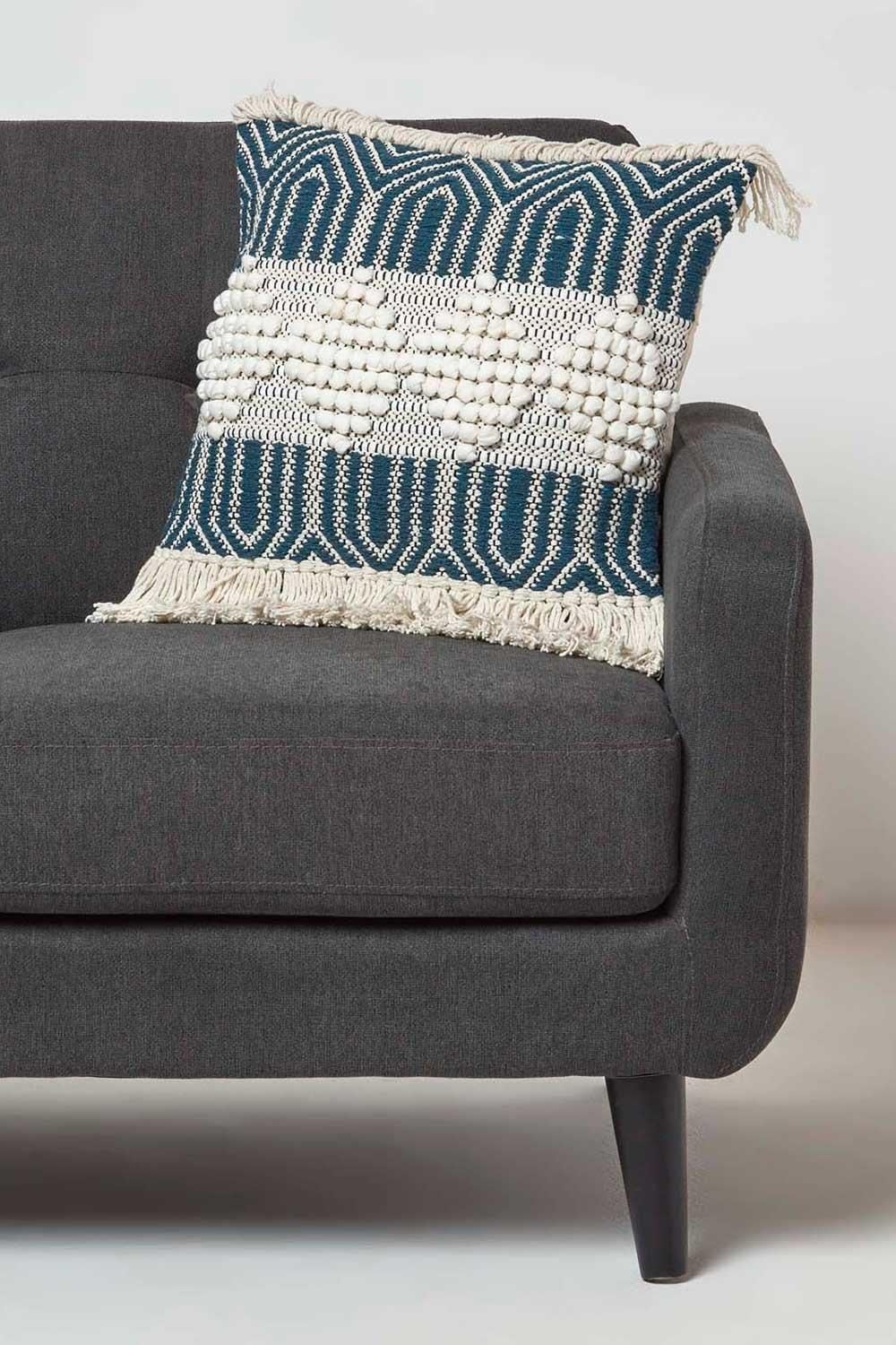 Homescapes Safi Handwoven Fringed Navy & Cream Kilim Cushion image 2