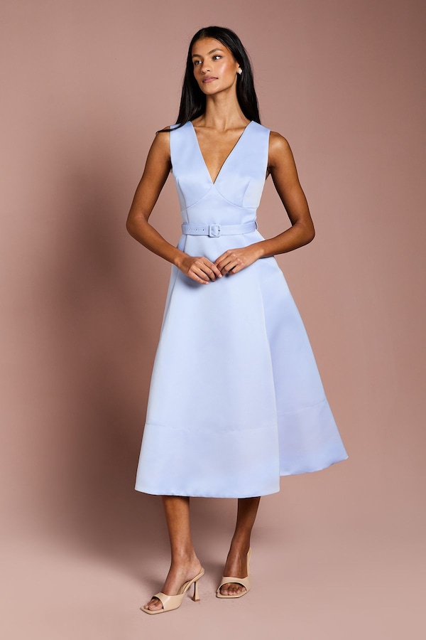 Coast Petite V Neck Structured Satin Belted Midi Dress Blue