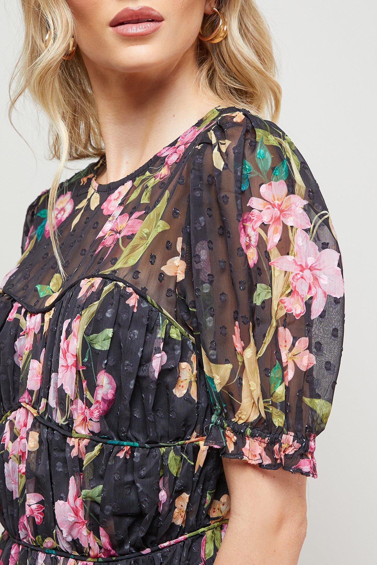 Oasis Printed Dobby Shirred Bodice Mini Dress Black image 5