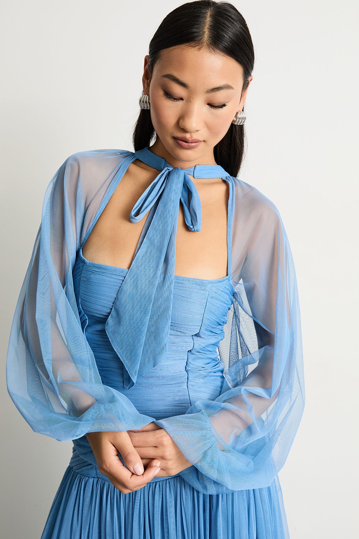 Warehouse Petite Bow Detail Gathered Tulle Maxi Dress with Open Neck Blue image 2