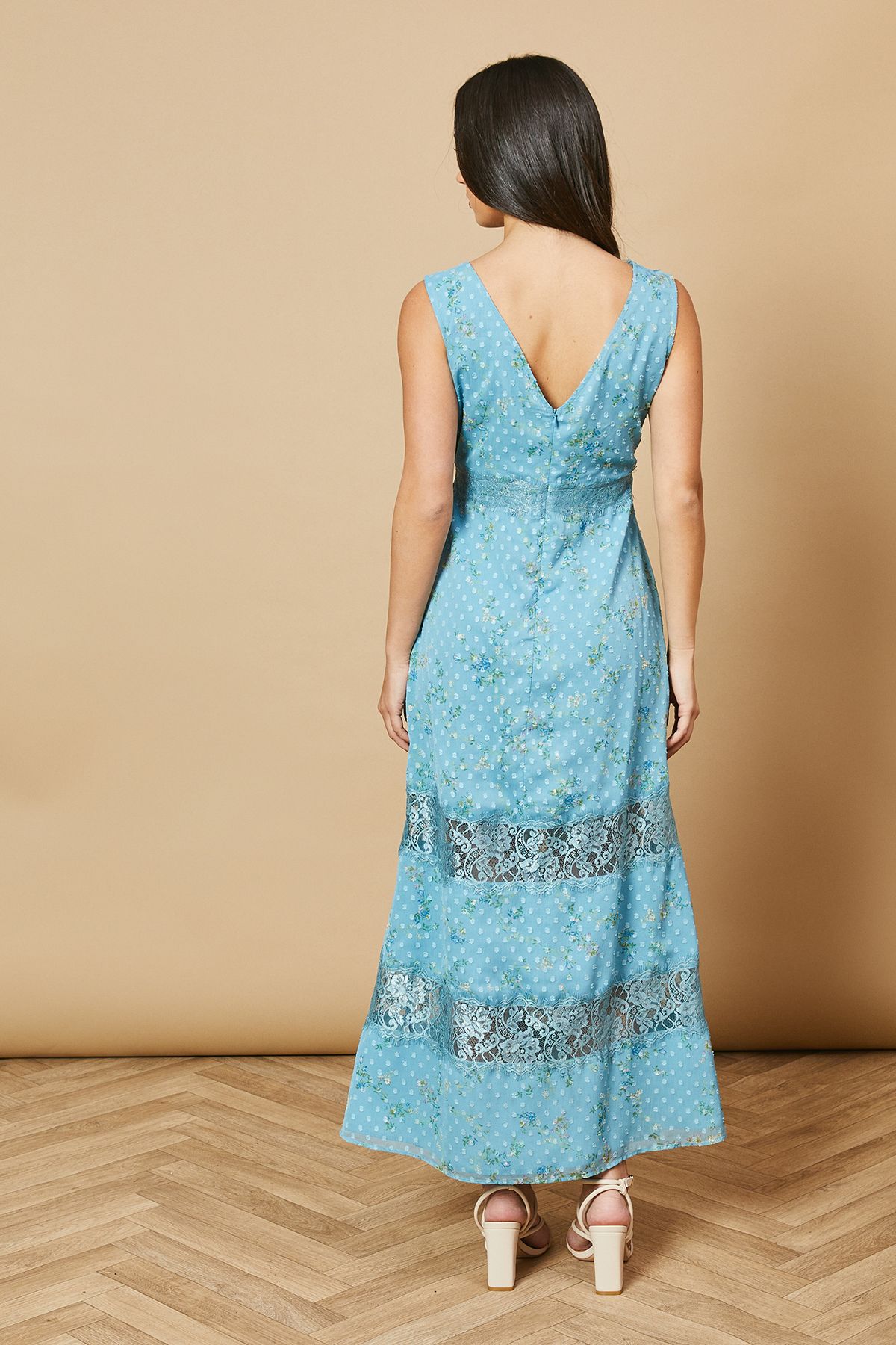 Oasis Floral Chiffon Lace Midi Dress Blue image 3