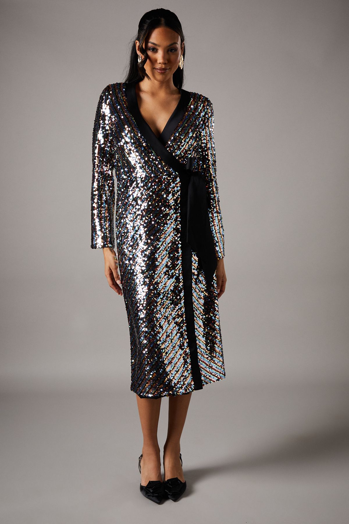 Coast Party Rainbow Sequin Long Sleeve Satin Midi Dress Multi image 1