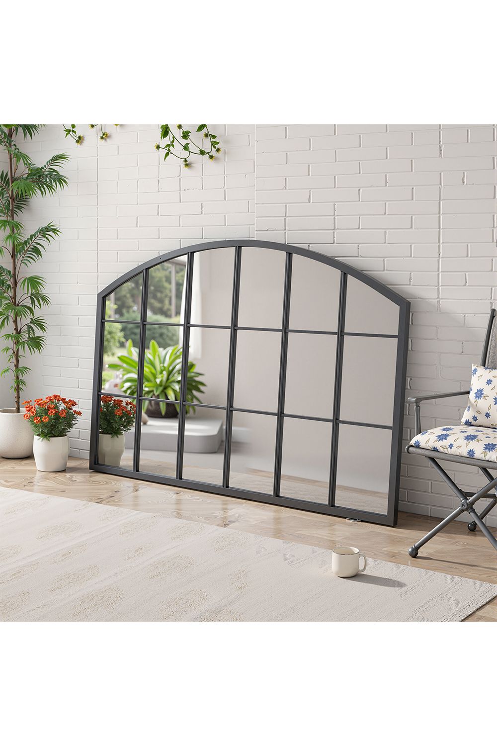 Living and Home Modern Black Metal Arched Grid Decor Window Mirror, 110cm W x 70cm H image 1