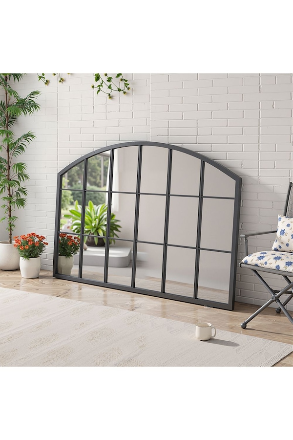 Living and Home Modern Black Metal Arched Grid Decor Window Mirror, 110cm W x 70cm H