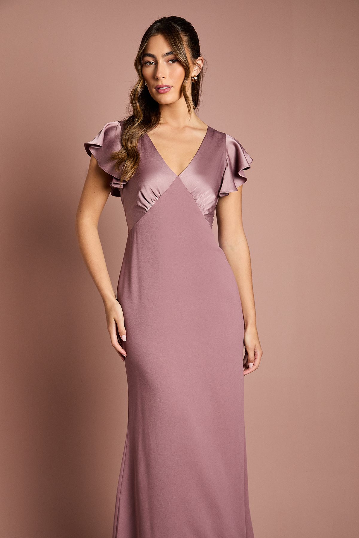 Coast Coast Honoured V Neck Angel Short Sleeve Satin Maxi Bridesmaid Dress Dusty Mauve image 2